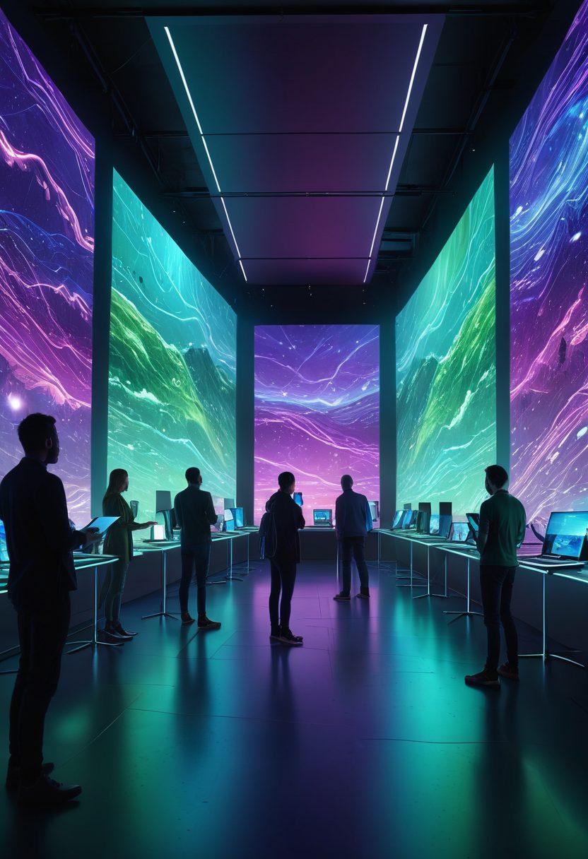 A futuristic digital landscape depicting glowing beacons emanating light in vibrant colors, symbolizing knowledge sharing. Include diverse individuals engaging with holographic content projected from the beacons, showcasing various digital devices. The scene should convey a sense of community and collaboration, with abstract data streams connecting the participants. super-realistic. vibrant colors. 3D.