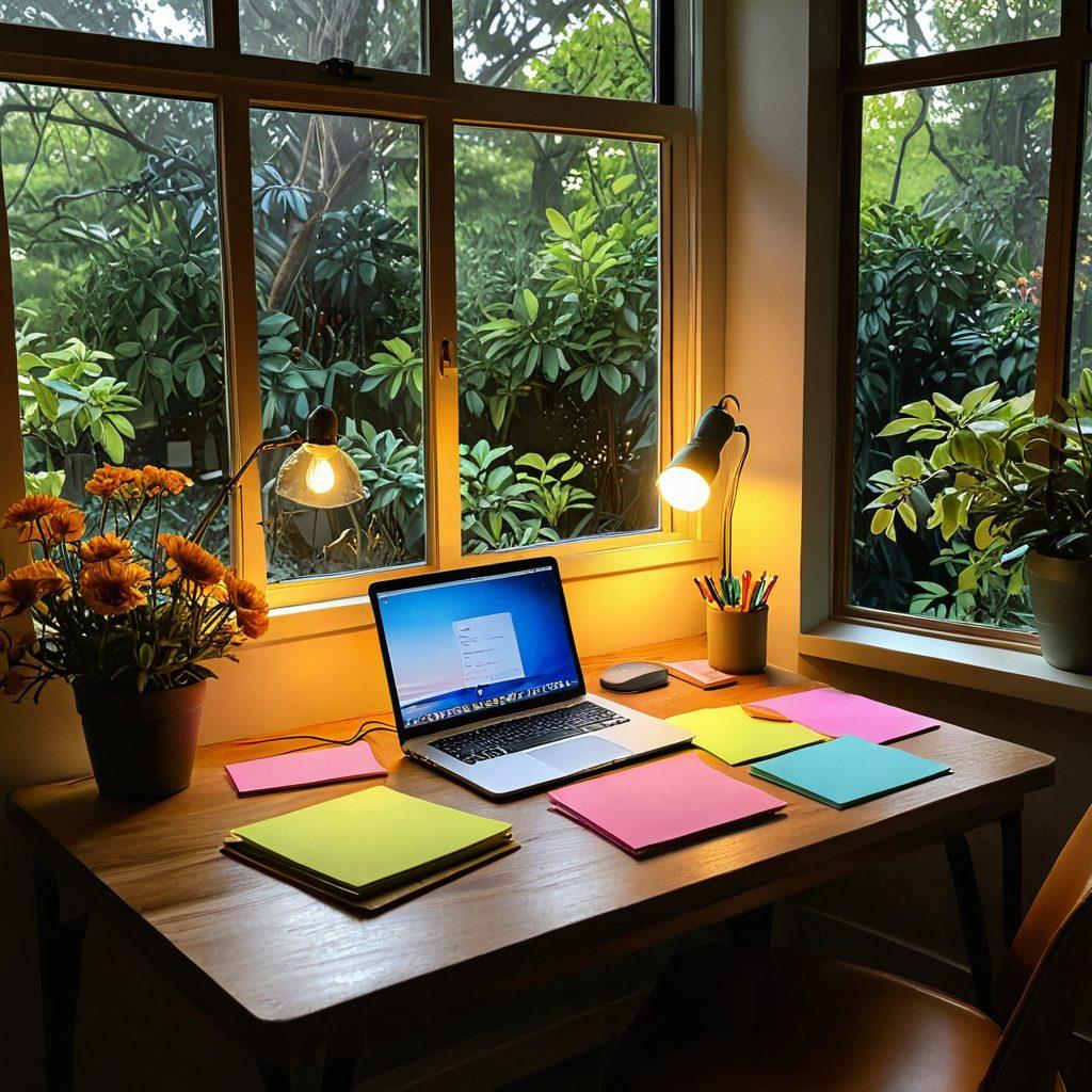 A serene workspace with a glowing desk lamp illuminating a notepad filled with handwritten ideas, surrounded by colorful sticky notes and a laptop displaying a blog dashboard. In the background, a window reveals a peaceful garden, symbolizing inspiration. The atmosphere is warm and inviting, with a hint of creativity in the air. super-realistic. vibrant colors. 3D.